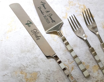 Juego de servicio de pastel personalizado - Juego de cuchillo y servidor de pastel de boda - Juego de corte de pastel de nácar - Acabado en plata espejo