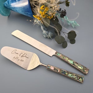 Personalized Wedding Cake Knife, Server and Fork Set -  Mother of Pearl Wedding Cake Knife set-Abalone Shell Wedding Cake Shovel & Cake Fork