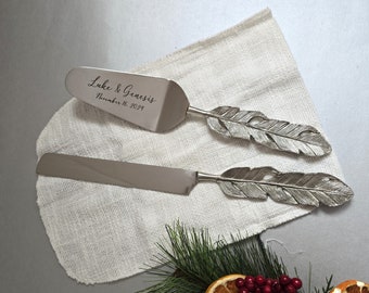 Personalized Wedding Cake Knife and Server Set - Custom Cake Knife and Cake Shovel Set - Wedding Cake Set - Silver Feather Cake Server Set