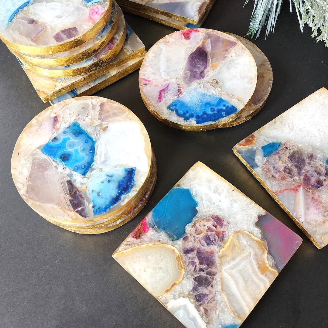 Multicolor Agate Coaster Set Agate Geode Coasters Drink Coaster