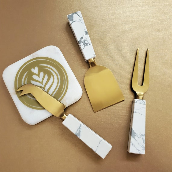 Marble Handle Cheese Knife Set Cheese Fork, Knife and Shovel Gold