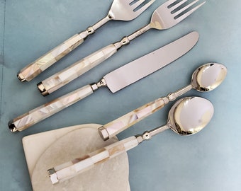 Mother of Pearl Inlay Flatware Set -  Personalized Cutlery - 5 Piece Hostess Set -Handmade Silverware-Stainless Steel Cutlery Set-Gift Boxed