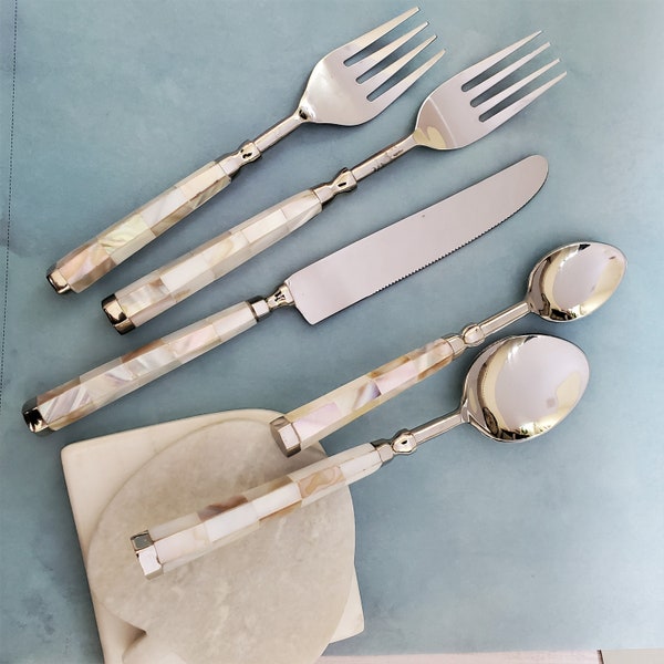 Mother of Pearl Inlay Flatware Set - Gepersonaliseerde Bestek - 5 Stuk Hostess Set -Handgemaakt Zilverwerk-Roestvrijstalen Bestekset-Gift Boxed