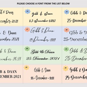 May include: A grid of font options for a wedding or event, each with the names "Gibb & Daan" and the date "25-December-2021" in various styles. The text "PLEASE CHOOSE A FONT FROM THE LIST BELOW" is at the top.