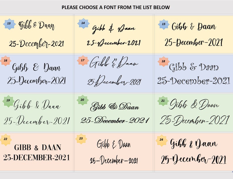 May include: A grid of font options for a wedding or event, each with the names "Gibb & Daan" and the date "25-December-2021" in various styles. The text "PLEASE CHOOSE A FONT FROM THE LIST BELOW" is at the top.