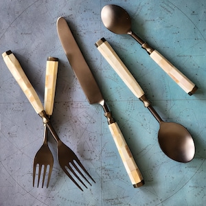 Mother of Pearl Inlay Flatware Set - Black Flatware - 5 Piece Hostess Set - Handmade Black Silverware - Black Cutlery Set - Gift Boxed