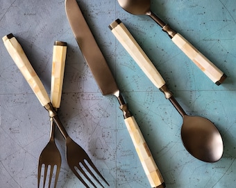 Mother of Pearl Inlay Flatware Set - Black Flatware - 5 Piece Hostess Set - Handmade Black Silverware - Black Cutlery Set - Gift Boxed