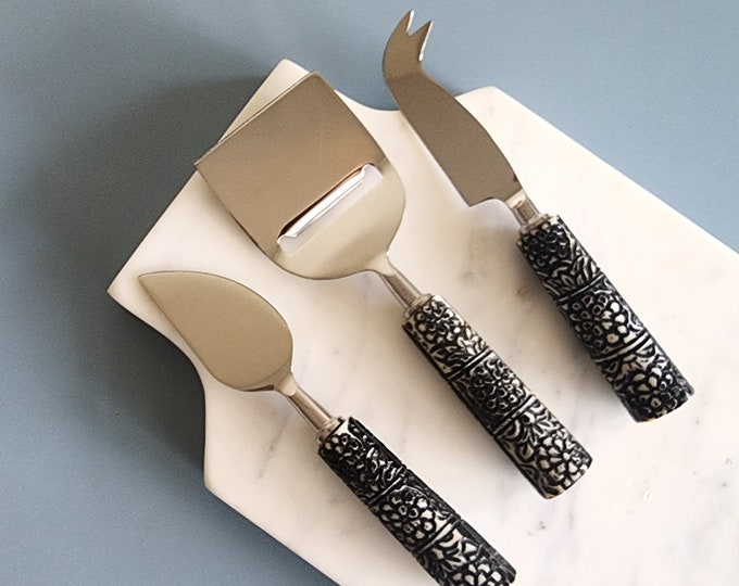 3 Piece Cheese Knife Set - Antique Finish Handles - Matte Silver Blades - Artisan Handmade - Gift Boxed