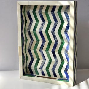Bone Inlay Blue, Green Tray - Farmhouse Coffee Table Tray - Vintage perfume tray - Pearl Decorative Tray - Trinket Tray - Blue Ottoman Tray