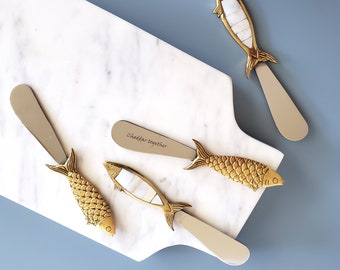 Personalized Mother of Pearl Cheese Knives Set - Brass Fish