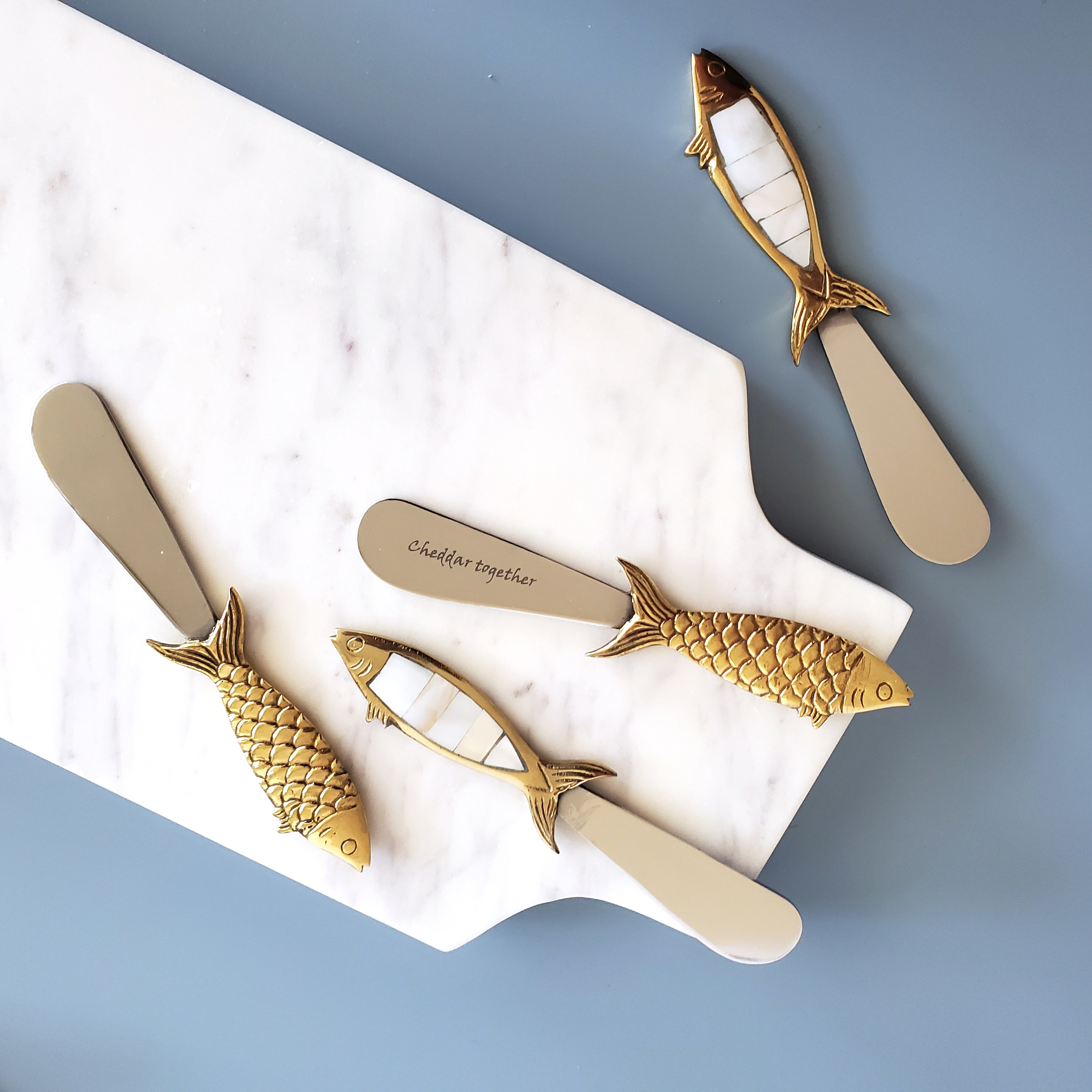 Personalized Mother of Pearl Cheese Knives Set - Brass Fish