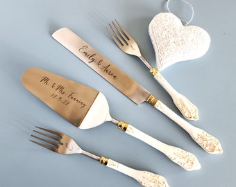 Personalized Wedding Cake Knife, Server and Fork Set -  White Wedding Cake Knife set with Gold Distressing - Wedding Cake Shovel & Cake Fork