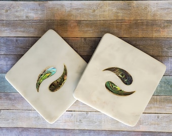 Marble Coaster Set with Abalone Shell work - Marble Coasters Valentine Gift - Yin Yan Coaster Set - Abalone Wedding Favors Coasters