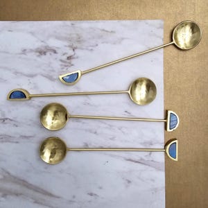 Cute Dessert Spoon, Tea Spoon, Coffee Spoon, Ice-Cream Spoon  - Minimalist Design - Blue & Gold Finish - Handmade - Inlay Handles
