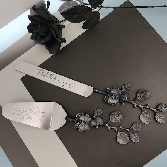 Set De 2 Utensilios Para Pastel Negro – Cuchillo Y Espátula De Acero Con Mango Acrílico