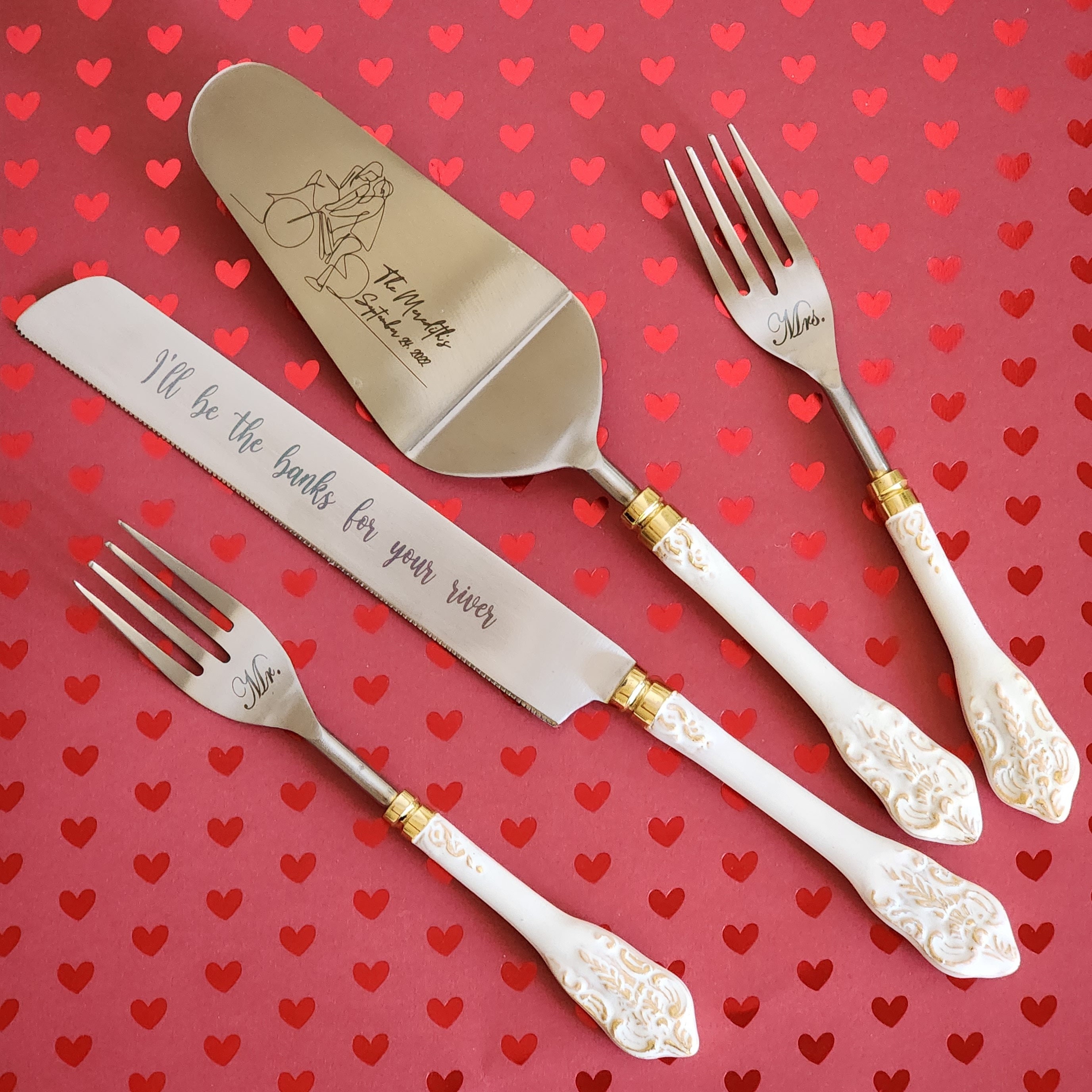 Personalized Wedding Cake Knife Server and Fork Set White Etsy