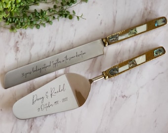 Gold Wedding Cake Knife - Personalized Wedding Cake Cutter - Cake Fork Set-Mother of Pearl, Abalone Inlay on Handles-Cake Knife Set & Forks