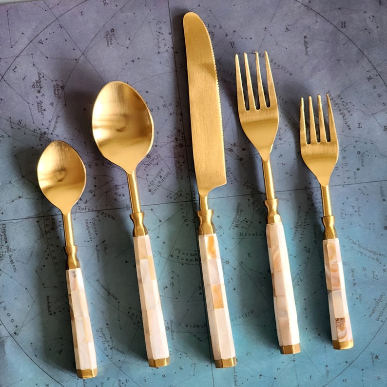 Mother of Pearl Inlay Flatware Set Gold Wedding Flatware 5 Piece Hostess Set Handmade Gold Silverware Gold Cutlery Set Gift Boxed image 2