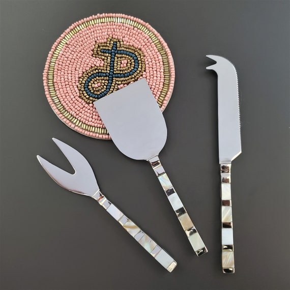 Unique Personalized Cheese Knife Set Mother of Pearl Inlay Handles