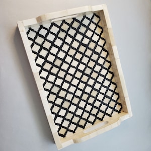 Bone Inlay Black Tray - Farmhouse Coffee Table Tray - Vintage perfume tray - Pearl Decorative Tray - Large Trinket Tray handle- Ottoman Tray
