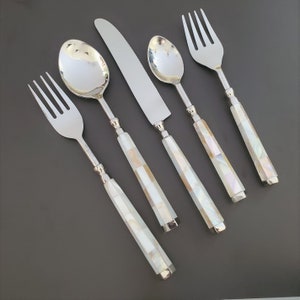 Mother of Pearl Inlay Flatware Set Personalized Cutlery 5 Piece Hostess Set Handmade Silverware-Stainless Steel Cutlery Set-Gift Boxed image 5
