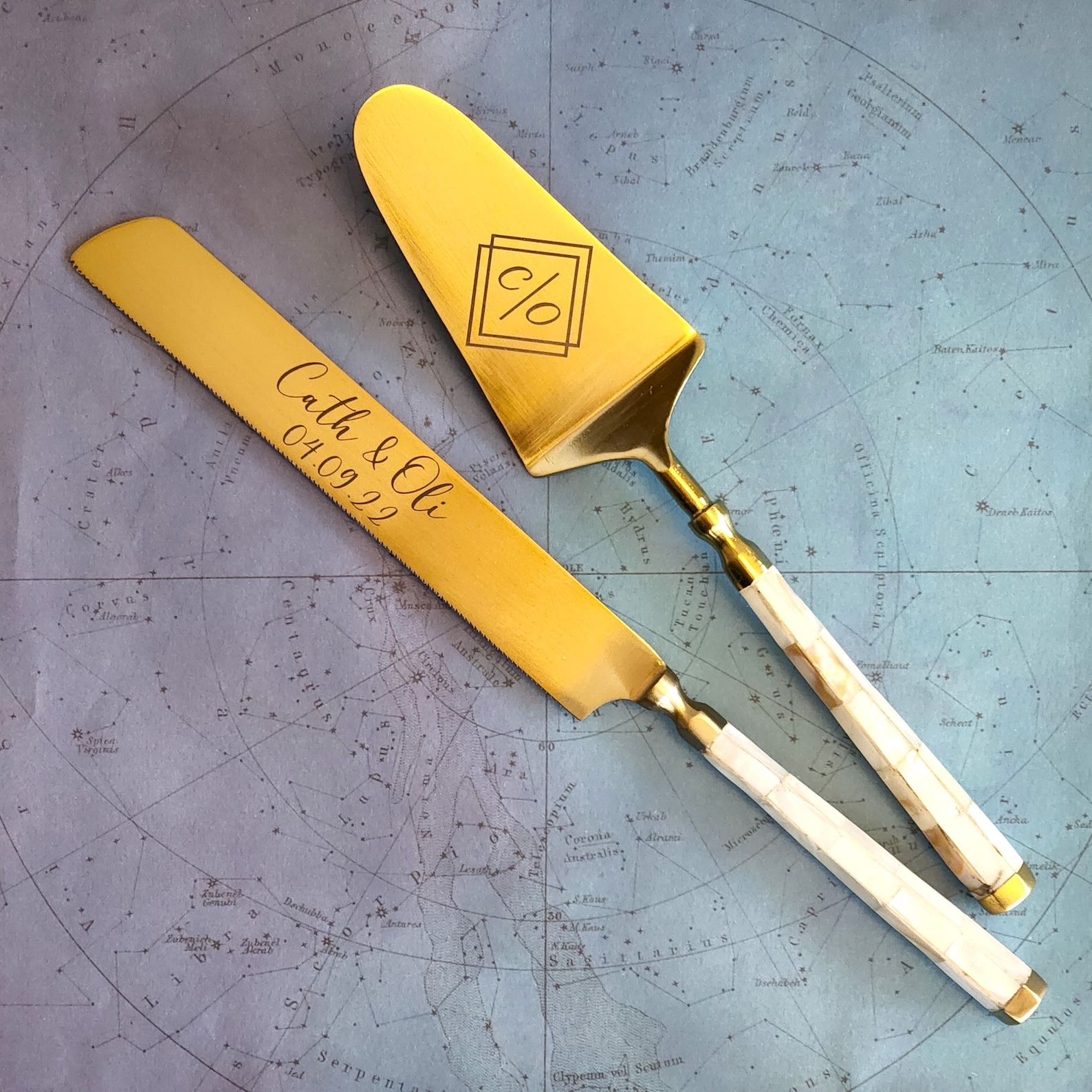 Mother Of Pearl Gold Wedding Cake Knife and Server