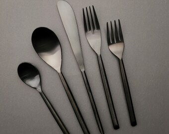 Black Cutlery Set - Sleek Flatware Set - 5 Piece Hostess Set - Modern Flatware Set - Handmade Silverware -Stainless Steel Cutlery