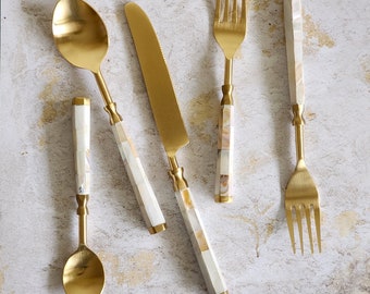 Mother of Pearl Inlay Flatware Set - Gold Wedding Flatware - 5 Piece Hostess Set - Handmade Gold Silverware - Gold Cutlery Set - Gift Boxed