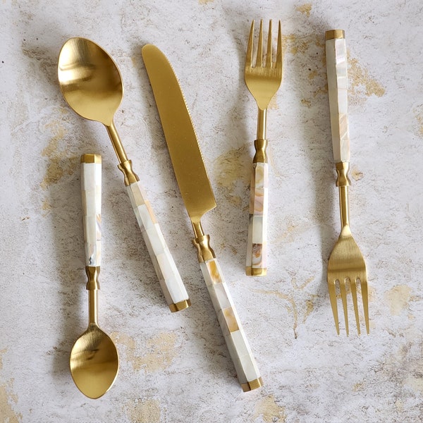 Mother of Pearl Inlay Flatware Set - Gold Wedding Flatware - 5 Piece Hostess Set - Handmade Gold Silverware - Gold Cutlery Set - Gift Boxed