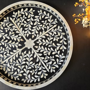 Circular Bone Inlay Black Tray - Farmhouse Coffee Table Tray - Vintage perfume tray - Pearl Decorative Tray - Large Trinket, Ottoman Tray