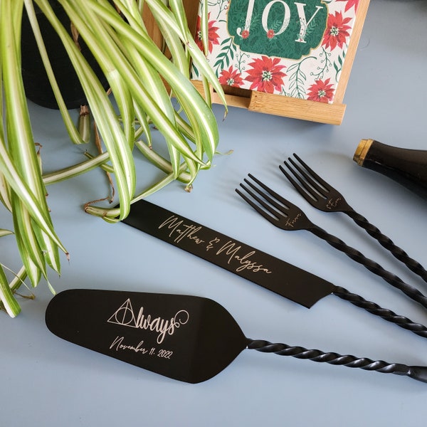 Black Wedding Cake Knife, Server and Fork Set -  Personalized Wedding Cake Knife, Cake Shovel & Cake Fork Set - Black Matte or Glossy Finish