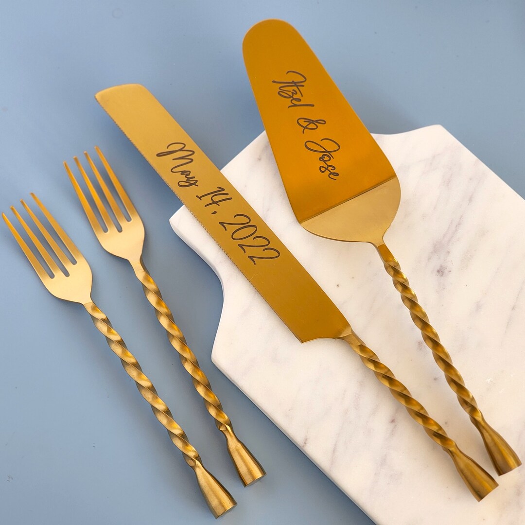 Personalized Wedding Cake Knife Server and Fork Set Gold Etsy