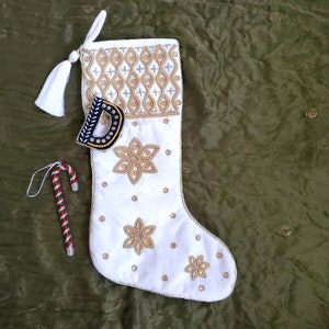 White Christmas Stocking with Initial - Handmade Family Stockings - Star Christmas Décor - Tassel Embroidered stocking - Monogram Stocking