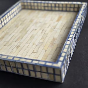 Blue Bone Inlay Tray - Farmhouse Coffee Table Tray - Vintage perfume tray - Pearl Decorative Tray - Large Trinket Tray - Ottoman Tray