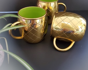 Gold Mug - Gold & Green Contrast Metal Mug - Cold Drinks with Enameled Coating - Geometric Pattern silhouette and an enamel interior