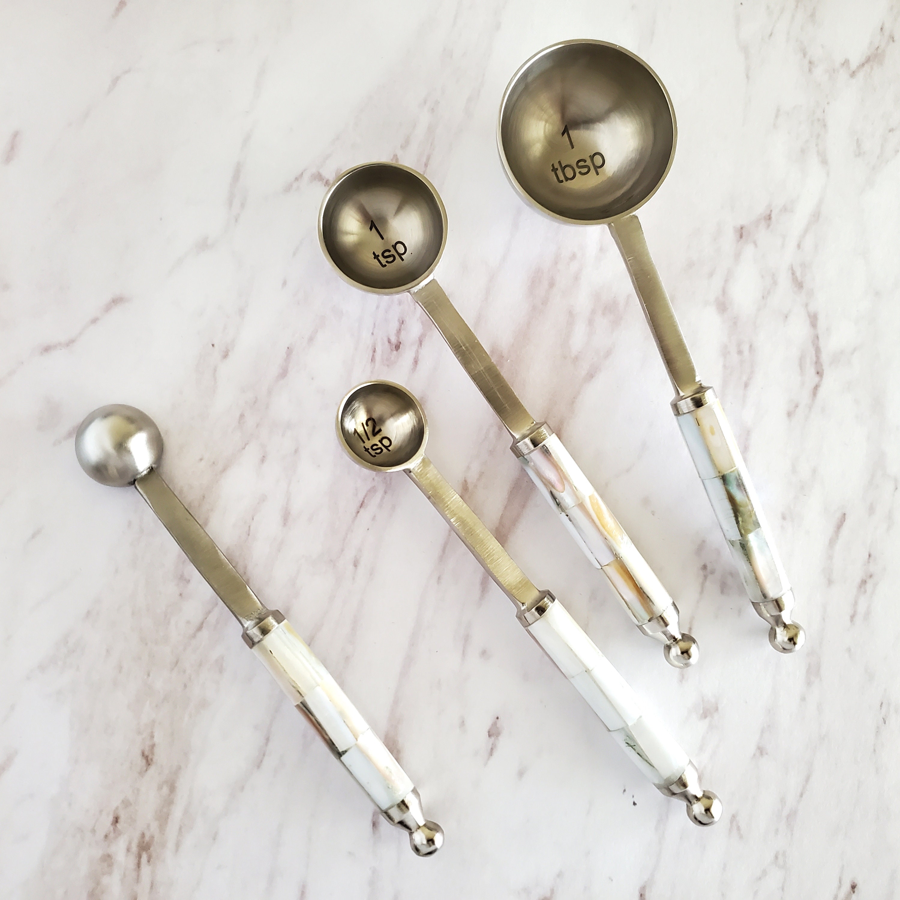 Mother of Pearl Measuring Spoons Set Matte Silver Finish With MOP Inlay  Handles 1 Table Spoon to 1/4 Tea Spoon Handmade Gift Boxed 