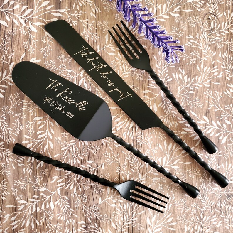 Black Wedding Cake Knife Server and Fork Set Personalized Etsy