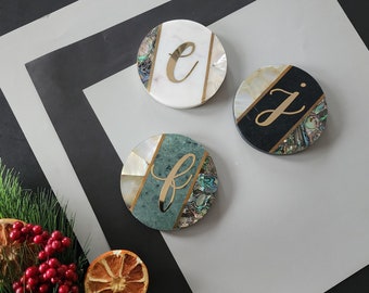 Personalized Marble Coaster Set - Abalone MOP Coasters -Marble Coasters Christmas Gift - Mother of Pearl Coaster Set - Custom Wedding Favors