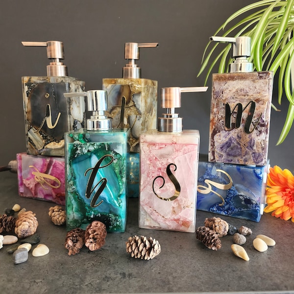 Personalized Soap Dispenser Bottle with Gold Monogram - Agate Hand Sanitizer Dispenser-Gemstone Lotion Pump-Amethyst Hand Soap Dispenser Set