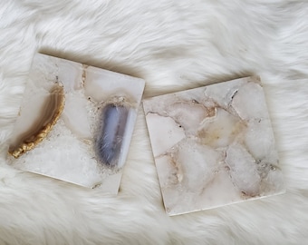 2 Assorted Natural Agate Coasters - Large Gold Monogrammed Agate Coasters with marble base - Personalized Square Coaster set - Handmade