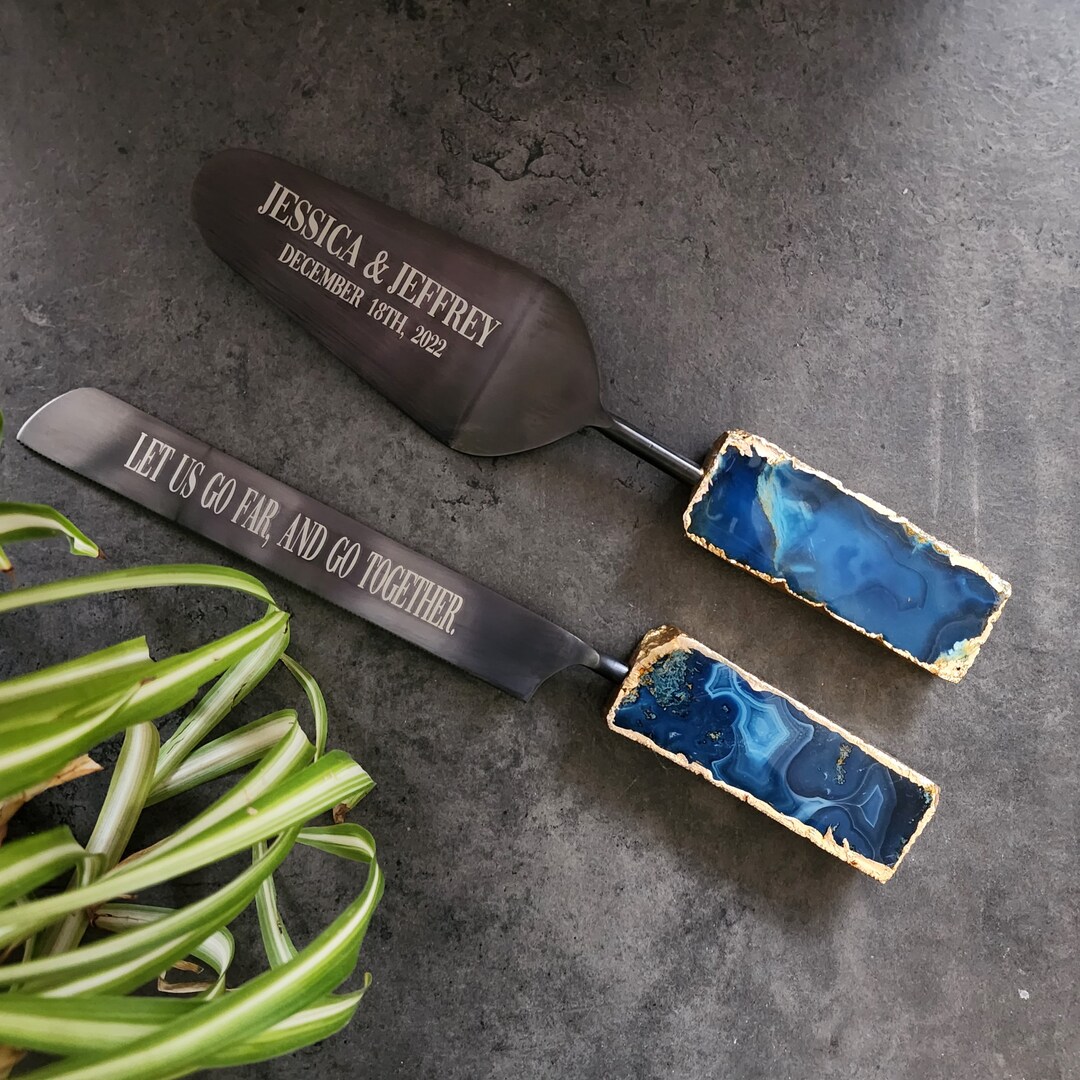 Custom Wedding Cake Knife and Server Set Blue Agate Handles Laser
