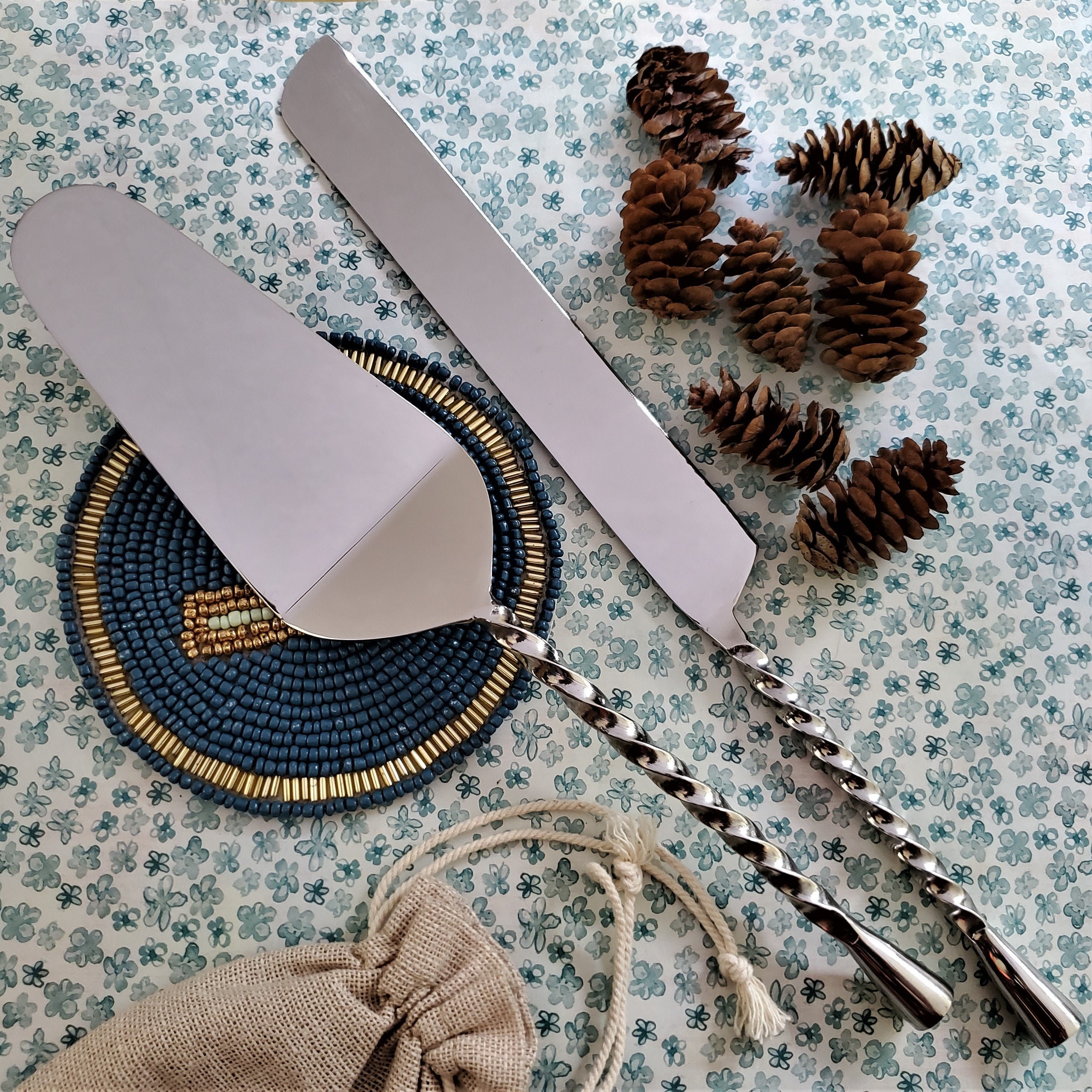 Couteau à Gâteau De Mariage August & Eden – Set Avec Serveur, Manches Aspect Perle, Neuf Sous Blister