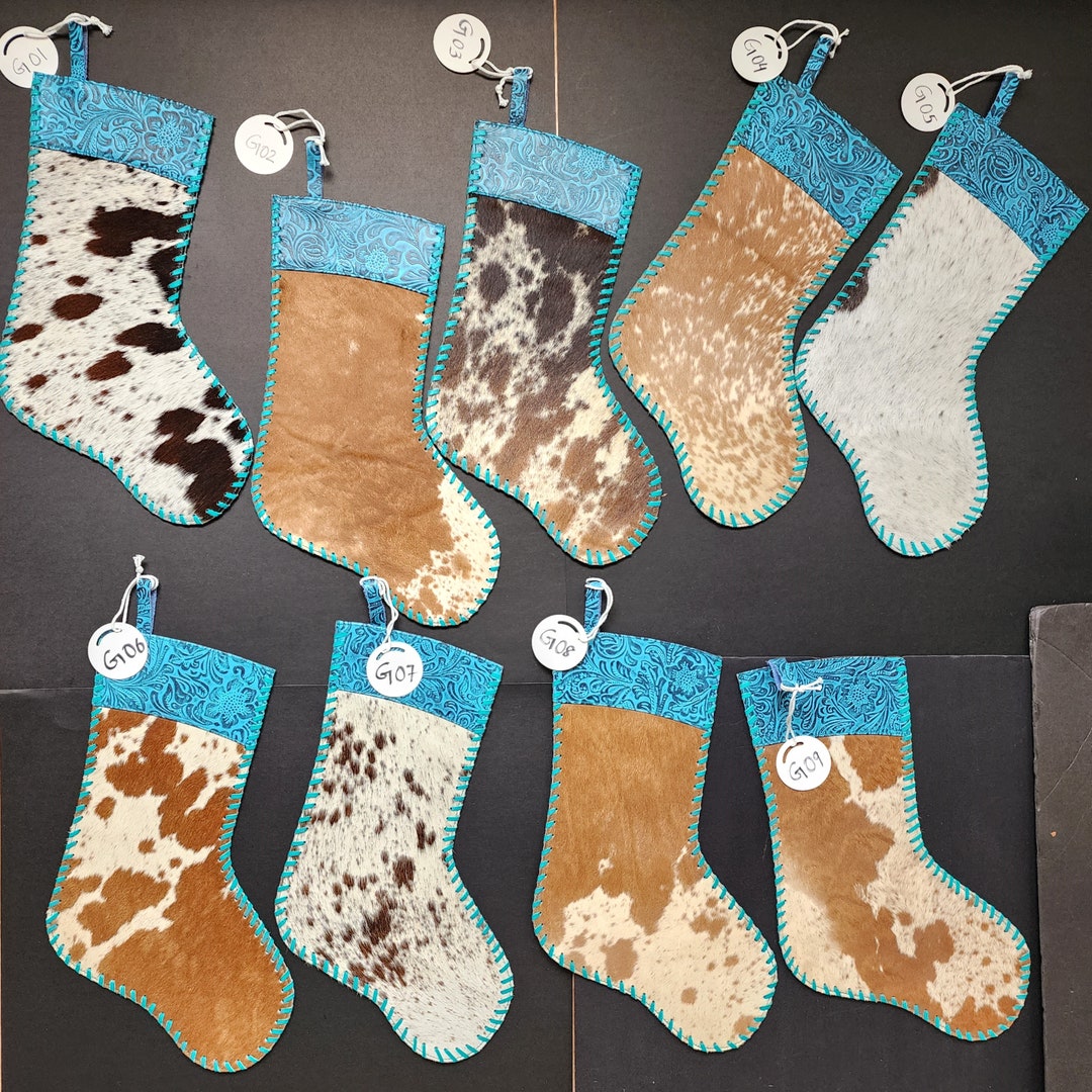 Leather Cowhide Christmas Stockings Western Christmas Stockings Teal