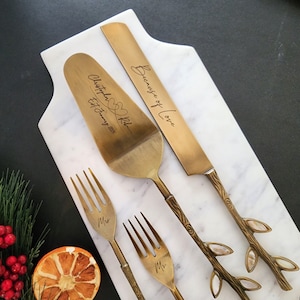 Gold Wedding Cake Knife - Personalized Wedding Cake Cutter - Cake Fork Set - Mother of Pearl Inlay on Handles-Antique Gold Finish Cake Knife