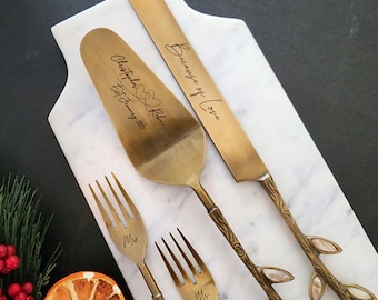 Gold Wedding Cake Knife - Personalized Wedding Cake Cutter - Cake Fork Set - Mother of Pearl Inlay on Handles-Antique Gold Finish Cake Knife