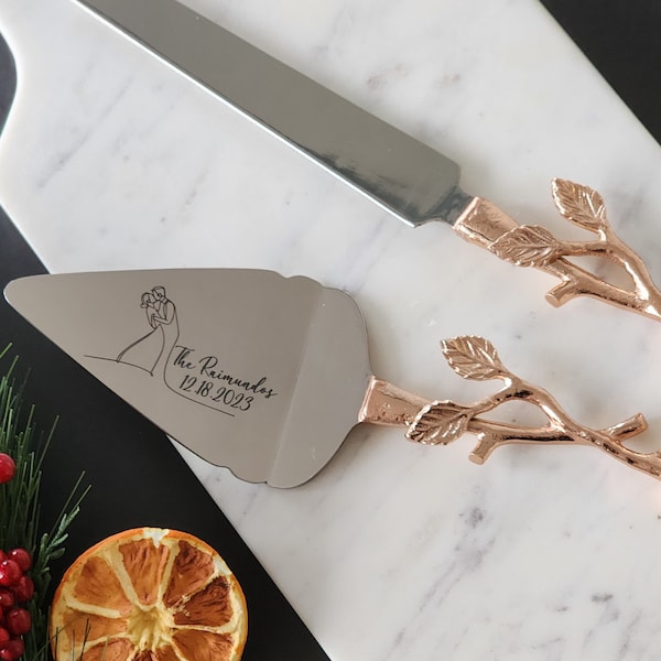 Rose Gold Wedding Cake Knife - Personalized Wedding Cake Cutter - Engraved Cake Server Set - Custom Wedding Gift - Rustic Cake Server Knife