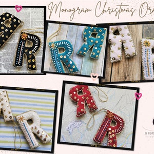 May include: A set of six felt Christmas ornaments shaped like the letter R. Each ornament is decorated with sequins and embroidery in various colors, including black, white, red, gold, teal, and pink. The ornaments are displayed in individual frames against different backgrounds.
