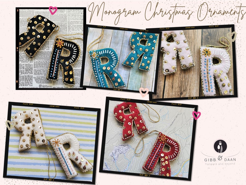 May include: A set of six felt Christmas ornaments shaped like the letter R. Each ornament is decorated with sequins and embroidery in various colors, including black, white, red, gold, teal, and pink. The ornaments are displayed in individual frames against different backgrounds.