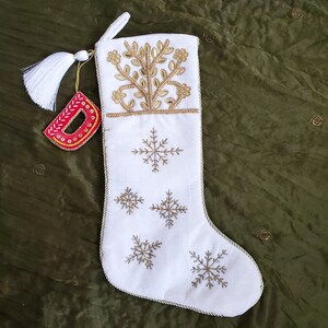 White Christmas Stocking with Initial - Handmade Family Stockings -Snowflake Christmas Décor -Tassel Embroidered stocking -Monogram Stocking