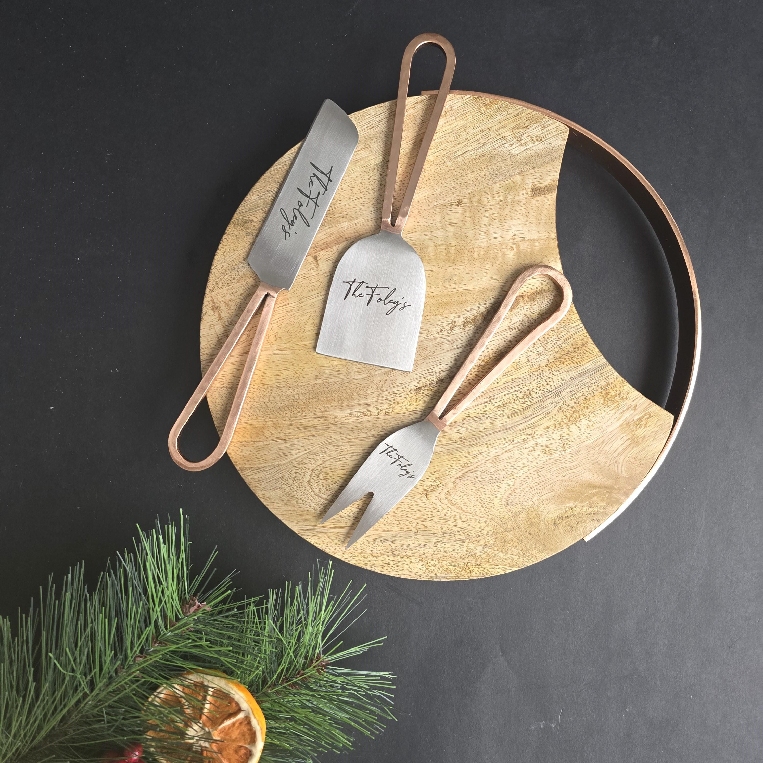 Wood Charcuterie Board - Rose Gold handle Cheese Board - Cheese Platter with Hammered Finish Handles - Circular Cheese Board with handle